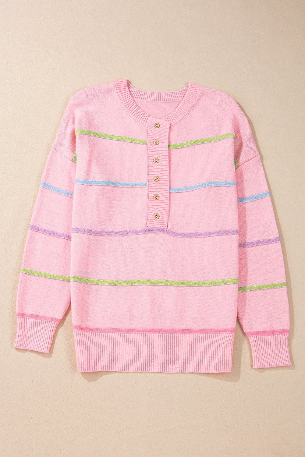 Pink Rainbow Striped Drop Shoulder Baggy Henley Sweater