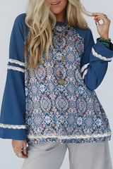 Top with long sleeves blue raglan in geometric printed lace patchwork ric rac