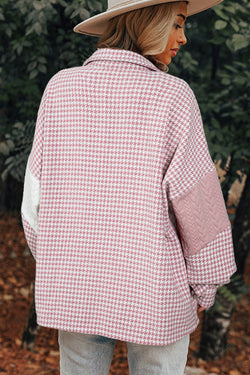 Veste ample en patchwork texturé à contraste de couleur pied-de-poule rose