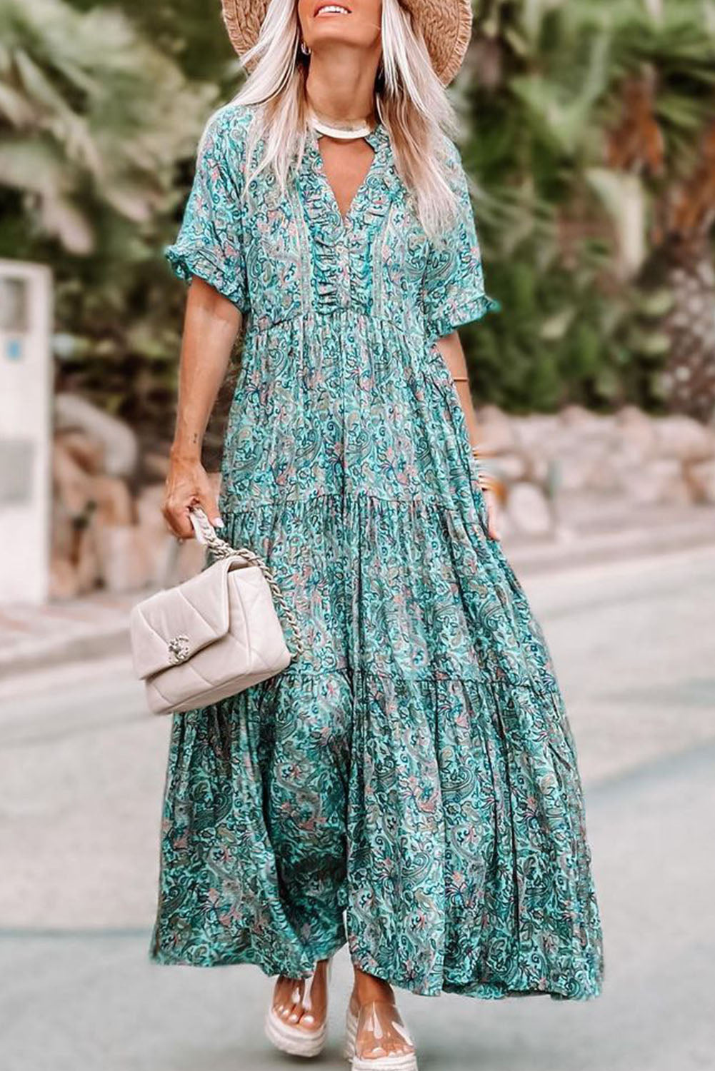 Sky Blue Paisley Print Boho Holiday Ruffle MAXI Robe