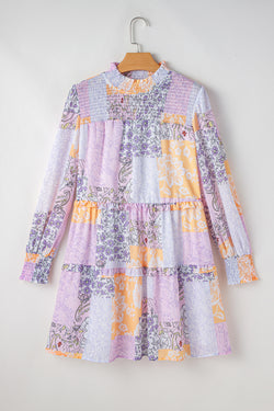 Multicolored floral smocked dress with high neck, ruffles and tiered puff sleeves