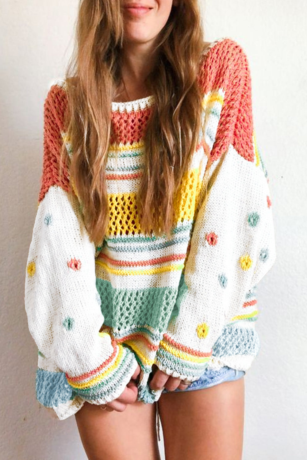 Multicolor sweater with contrasting sleeves in hollow striped tricot