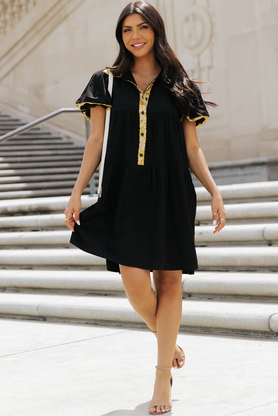 Black Shirt Dress with Bubble Sleeves and Sequin Trim for Game Day