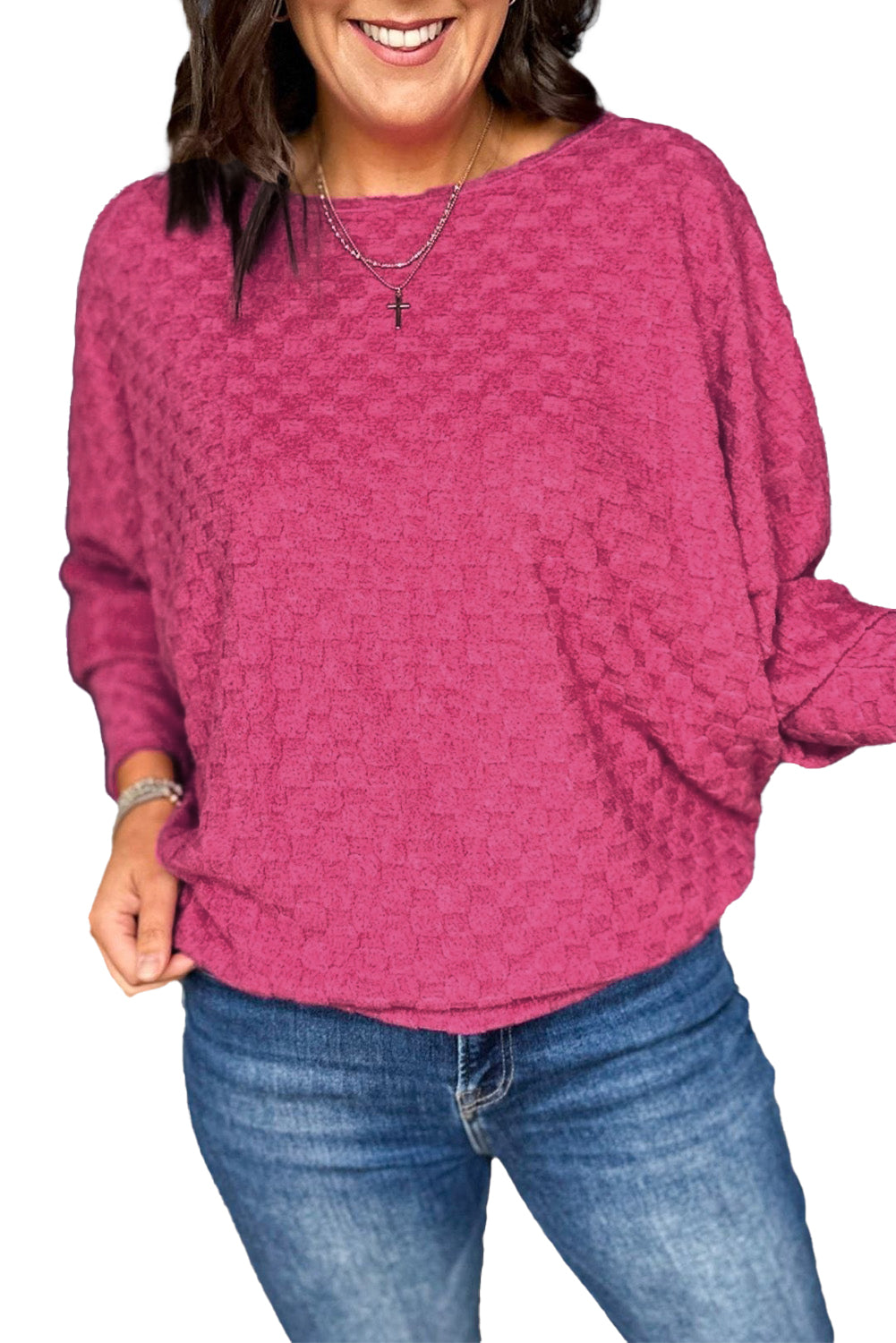 Top de manga Dolman Textured Dolman con textura de checker de color rosa brillante