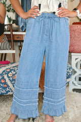 Pantalon large bleu en chambray à volants, 100 % coton