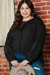 Plus Size Black Crinkled Patchwork Top with Exposed Seams