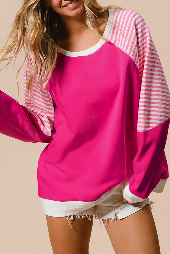 Strawberry Pink Striped Raglan Sleeve Crew Neck Top