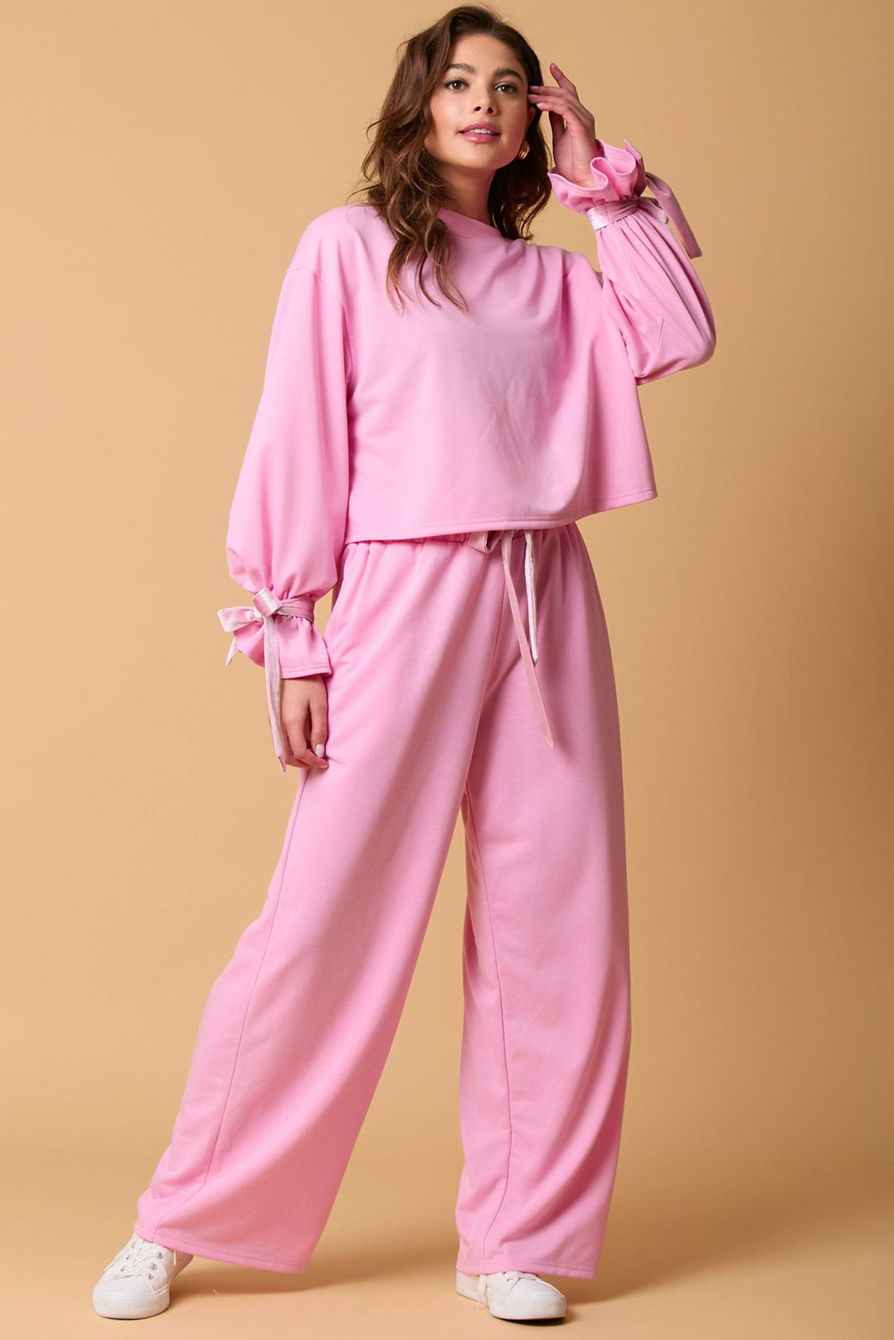 Candy Solid Color Drawstring Long Sleeve Top and Pants Set