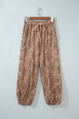 Pantalon sarouel beige foncé léopard à cordon et poches plaquées