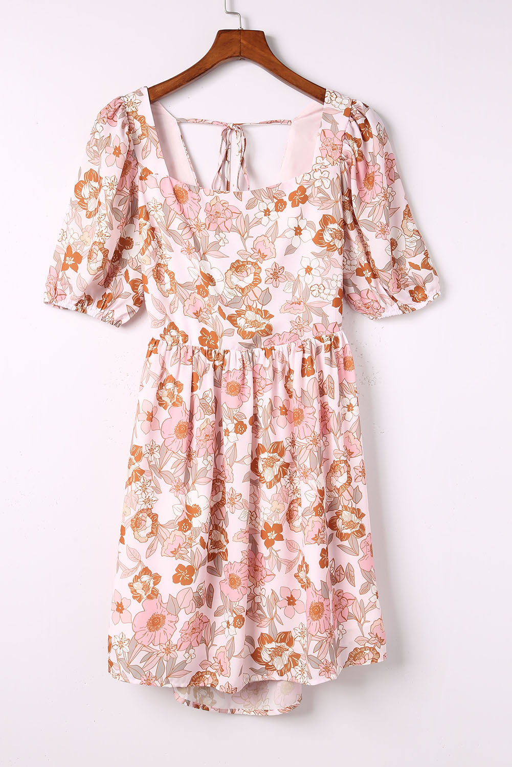 Blanc Floral Print Bow Not Backless Square Neck Mini robe