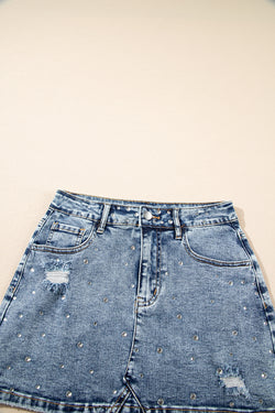 Mini-jupe taille haute en Jean effet vieilli avec strass *