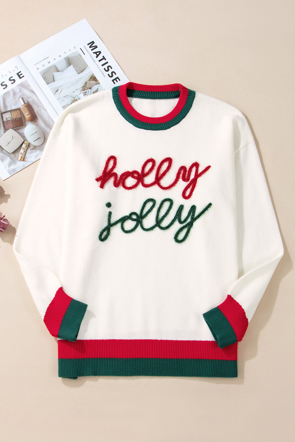 Suéter blanco de tinsel holly con bloque de color y hombros caídos, gran tamaño
