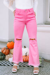 Vintage pink jeans high waist, flared leg, torn, raw hem