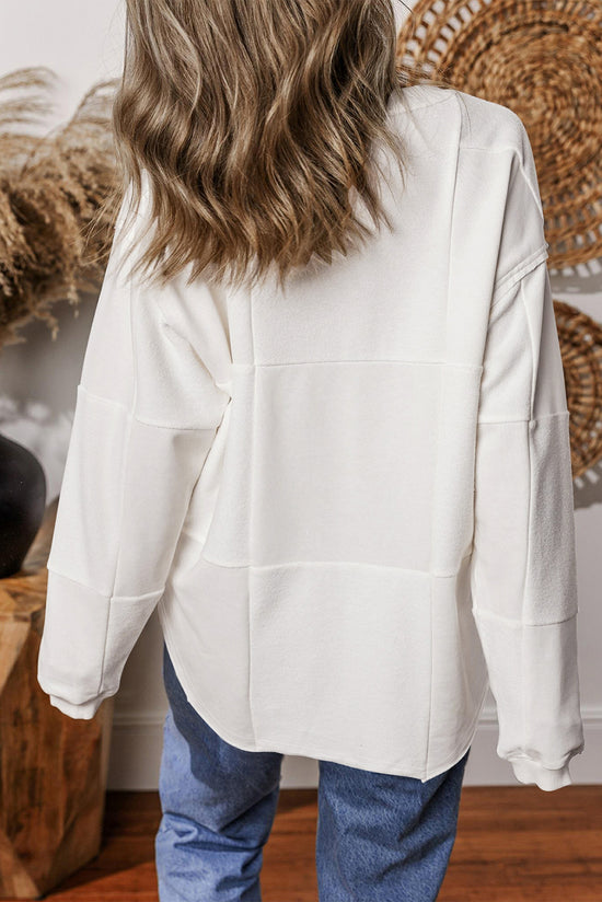 White Baggy Drop Shoulder Sweatshirt with Solid Color Patchwork