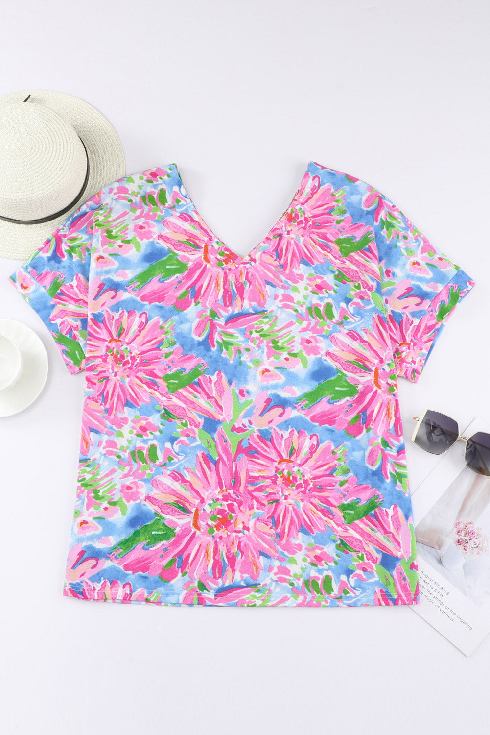 Pink Floral Print Loose Fit V Neck T Shirt