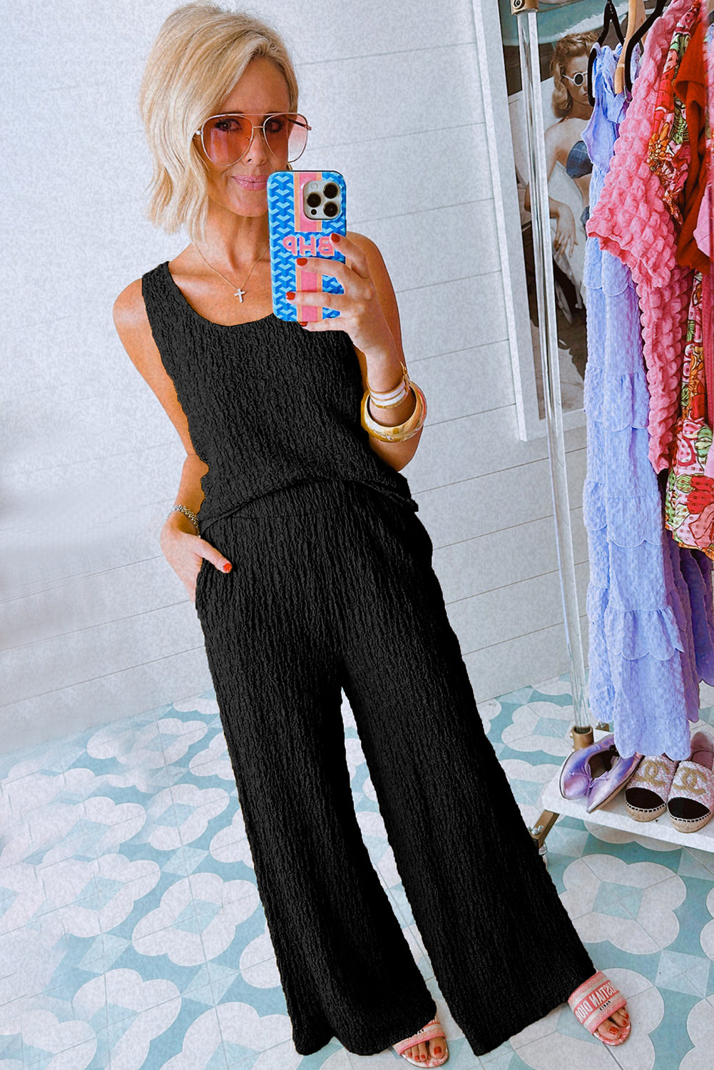 Black U-Neck Crinkle Tank Top and Wide Leg Pants Set