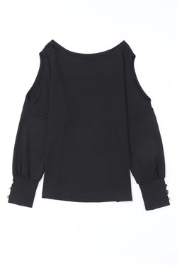 Black Asymmetrical Buttoned Top with Long Sleeves and Cutouts