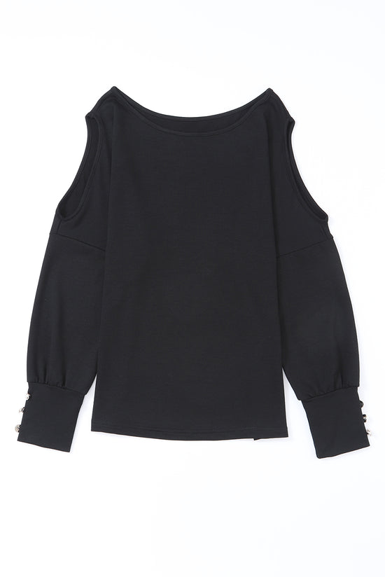 Black Asymmetrical Buttoned Top with Long Sleeves and Cutouts