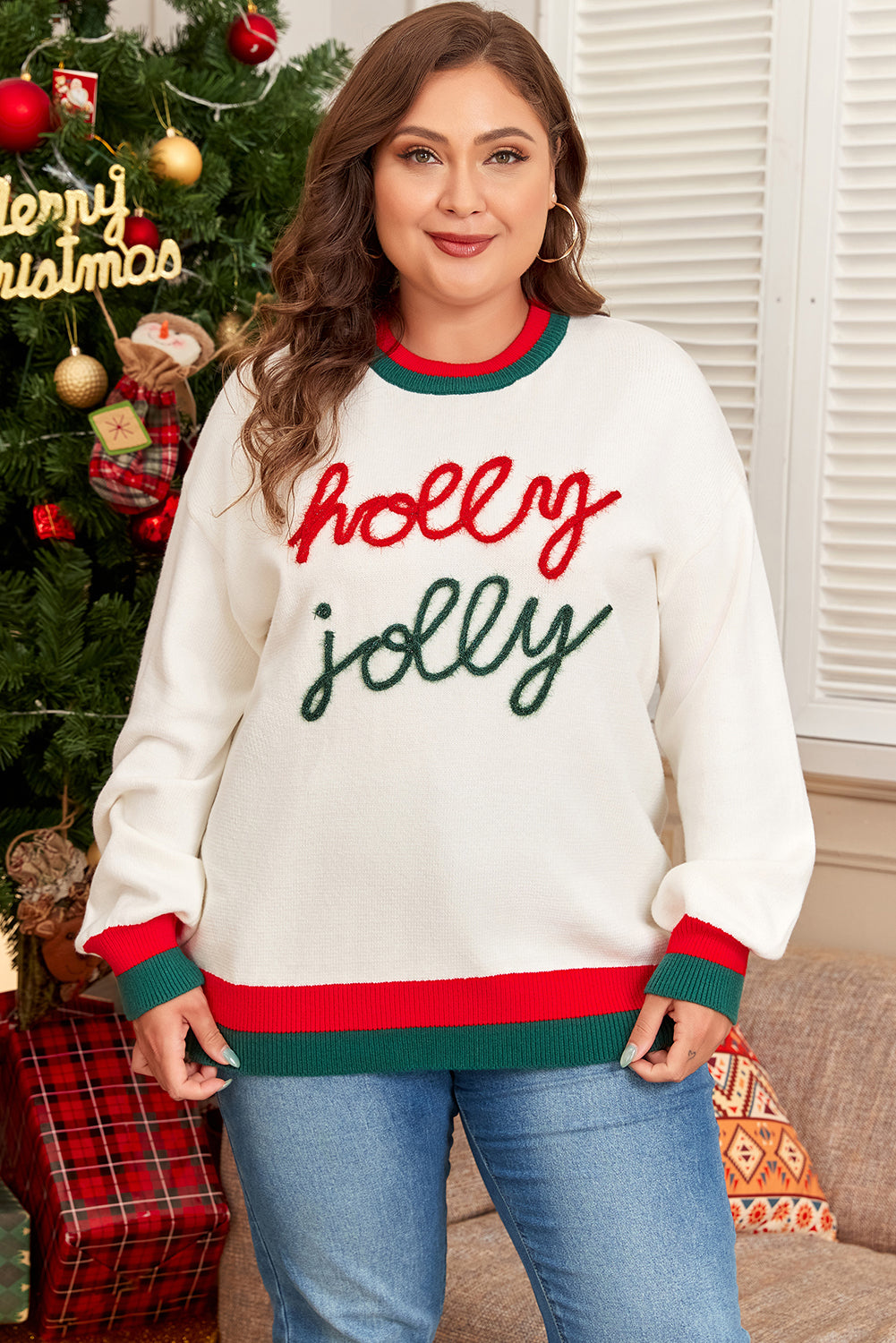 Tinsel Holly Jolly White Color Block Drop Shoulder Sweater Plus Size