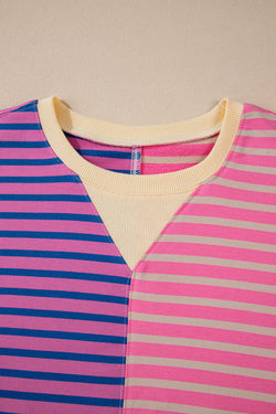 Pink Striped Oversized Sweatshirt Casual Stripe Color Block Drop Shoulder Sweatshirt