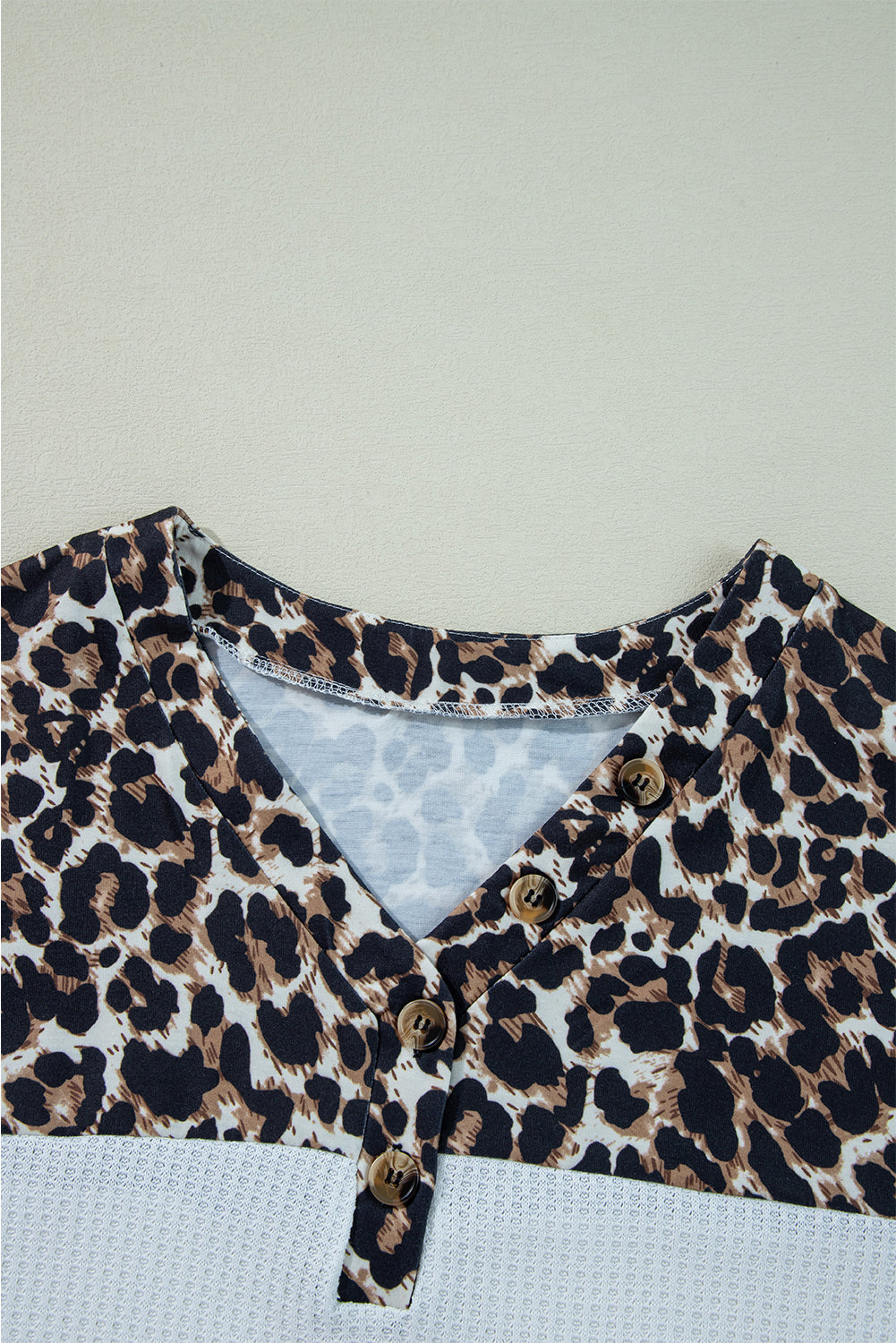 White Leopard Waffle Knit Patchwork Button V Neck