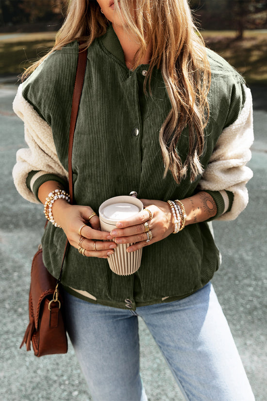 Blouson aviateur boutonné en velours côtelé vert brume-A WOMAN WE LOVE