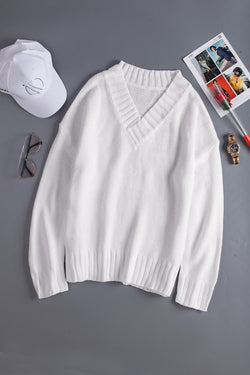 White V-neck Dropped Shoulder Knitted Sweater