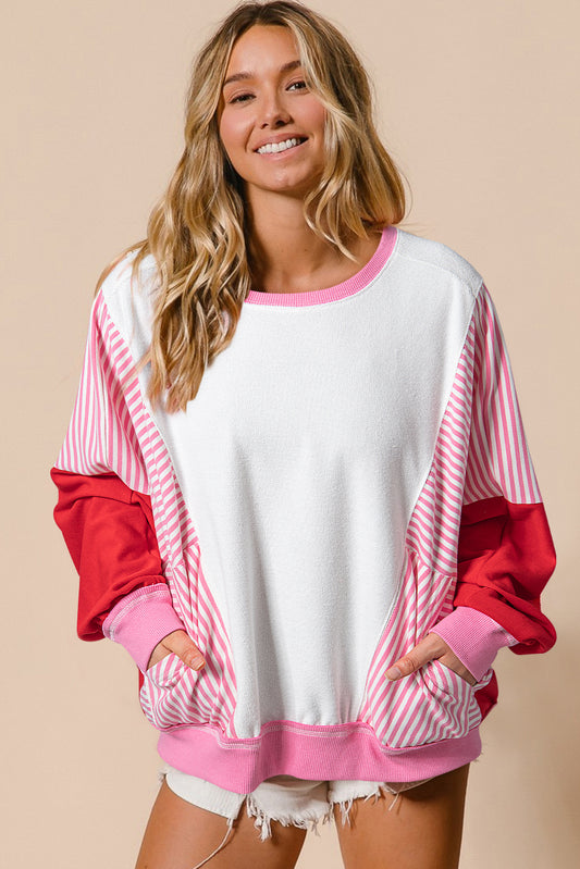 Rose Red Striped Patchwork Batwing Sleeve Stecked Sweatshirt