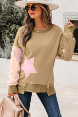 Sweat-shirt patchwork étoile contrasté vert sauge