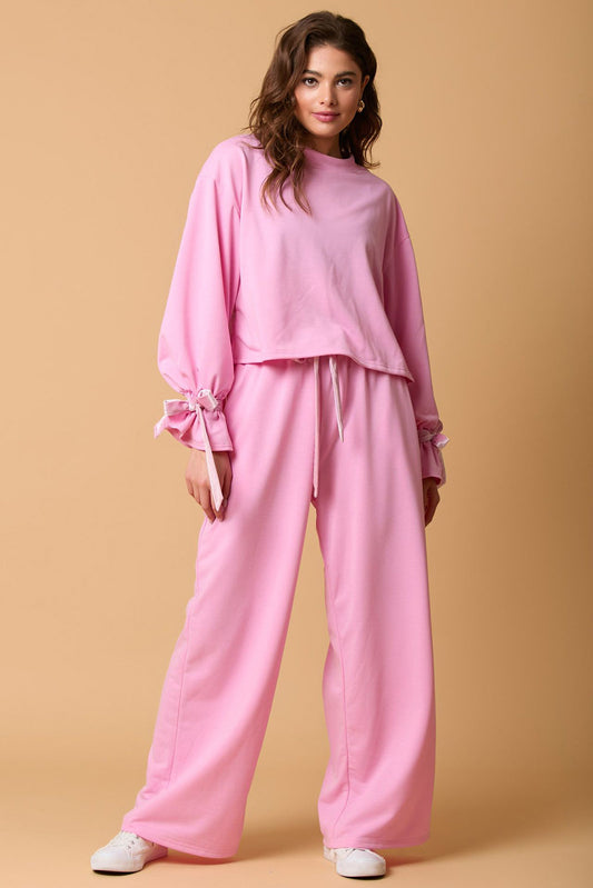 Candy Solid Color Drawstring Long Sleeve Top and Pants Set