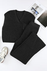 Ensemble pull noir tricoté à col en V et pantalon décontracté-A WOMAN WE LOVE