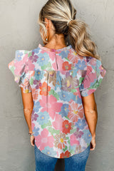 Blouse plissée à manches flottantes et à volants à fleurs rose-A WOMAN WE LOVE