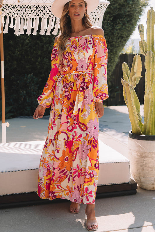 Multicolour boho floral smocké de la manche bouffée de l'épaule robe maxi