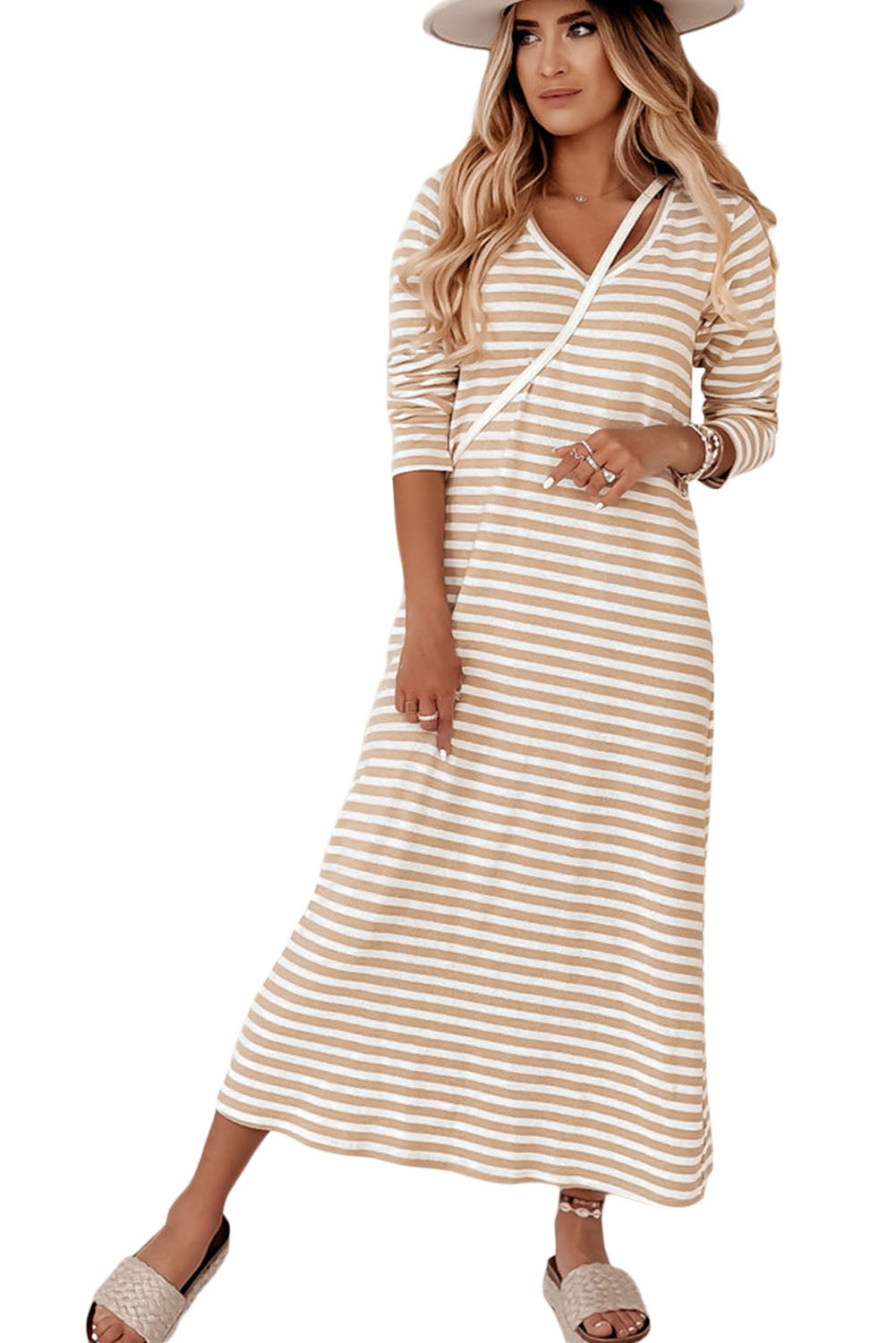 Khaki Striped V-neck Long Sleeve Casual Dress