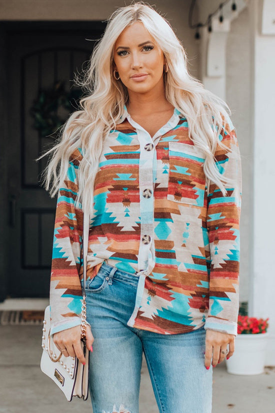 Long sleeve shirt with buttoned pocket and multicolored aztec print