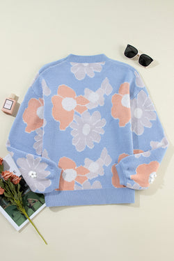 Beau Blue Floral Crew Neck Drop Shoulder Knitted Sweater