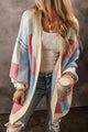 Light blue plaid cardigan, dropped shoulders, exposed seams, open front