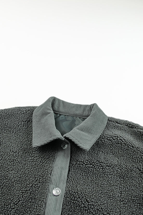 Grey Sherpa Jacket with Corduroy Trim and Elbow Patch