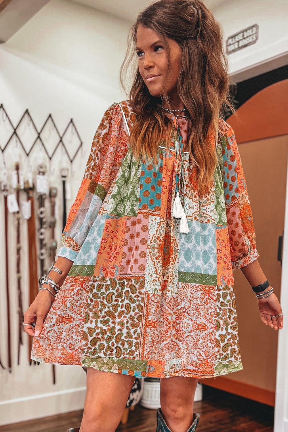 Orange Boho Paisley gemischter Druck 3/4 Ärmel Chiffon Lose Kleid