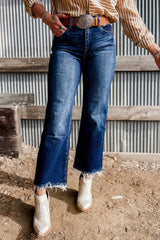 High-waisted flared jeans in sail blue with mineral wash and raw hem