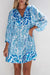 Sky Blue Bohemian Print Tie V-Neck Puff Sleeve Flared Mini Dress