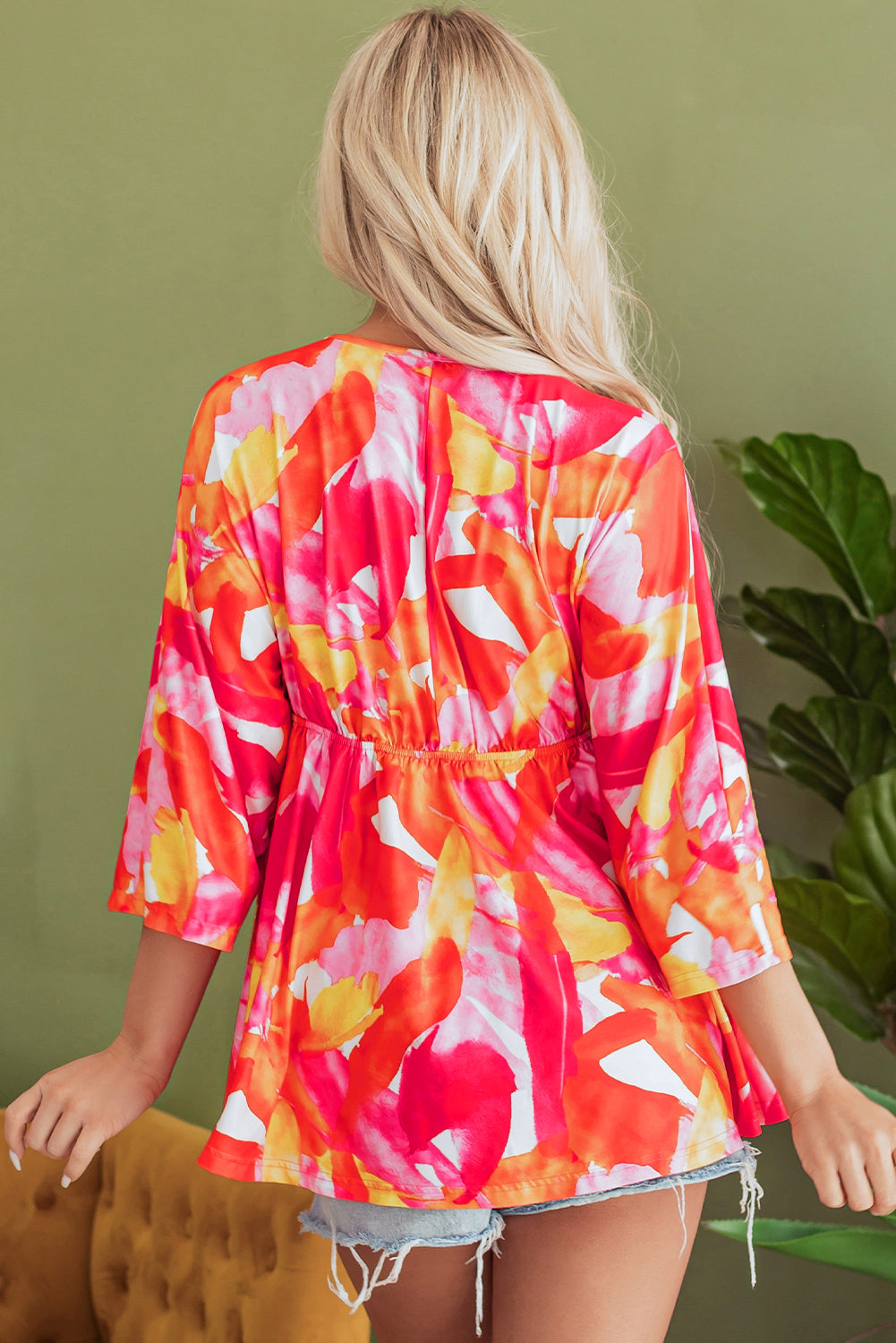 Chemisier babydoll orange à imprimé abstrait, manches 3/4, col en V, volants-A WOMAN WE LOVE