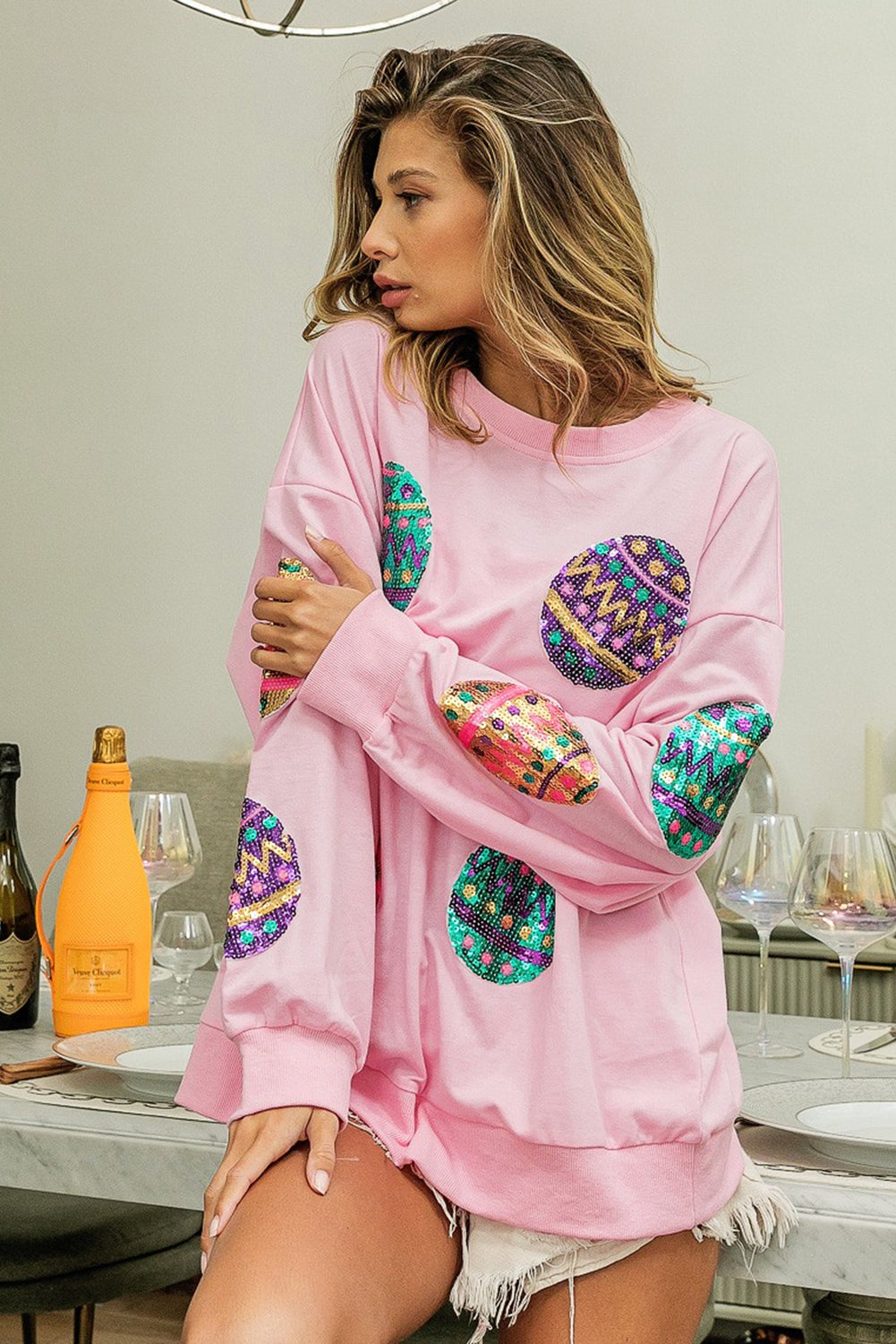 Pink Ostern Eggropfen Schulter übergroßes Sweatshirt