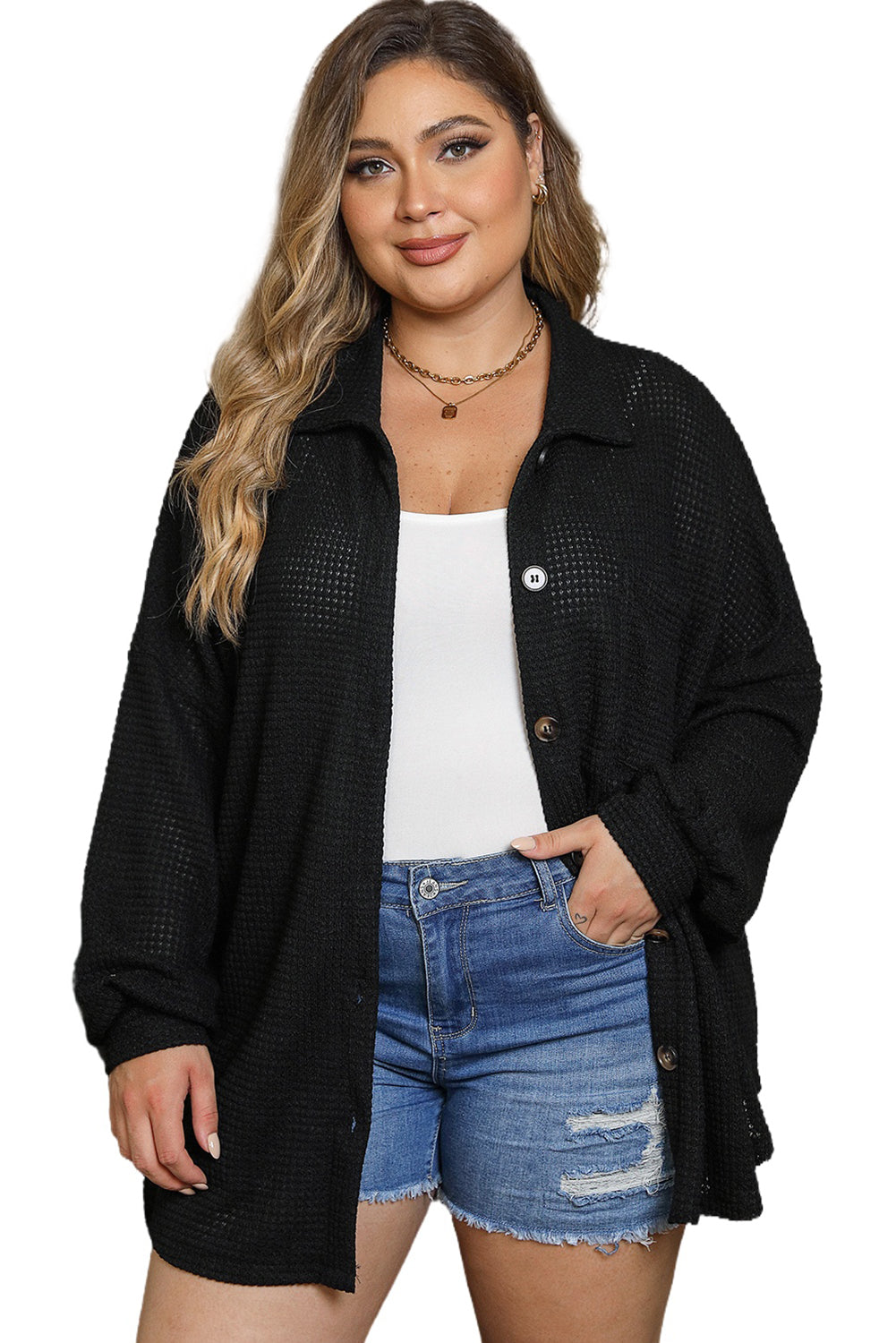 Black Plus Size Pocket Pocket Waffle Knit Shirt