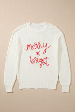 Christmas sweater with white stripes with joyful and bright letters