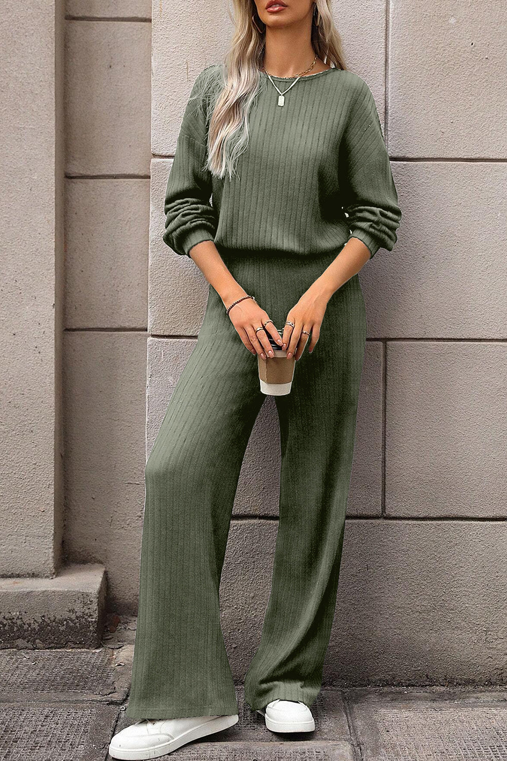 Combinaison taille haute en tricot côtelé uni Laurel Green avec trou de serrure dans le dos-A WOMAN WE LOVE