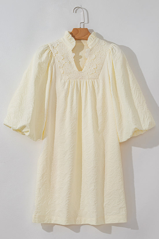 White textured floral dress, bubble sleeves, ruffles, notched collar