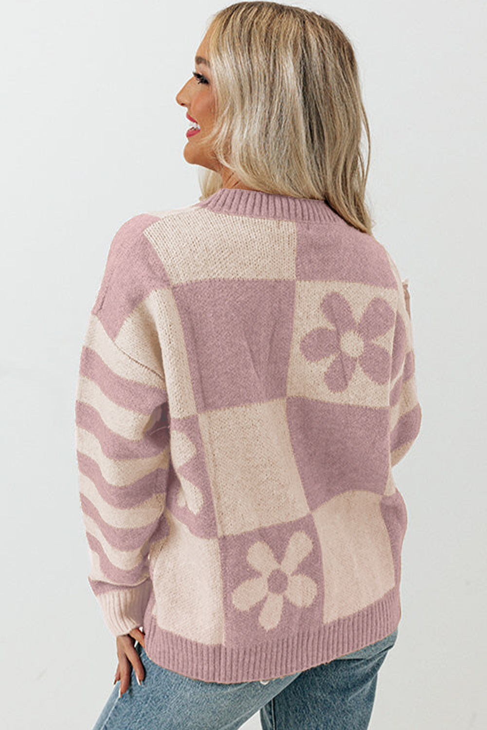 Striped sleeve sweater with floral check print and orchid petals