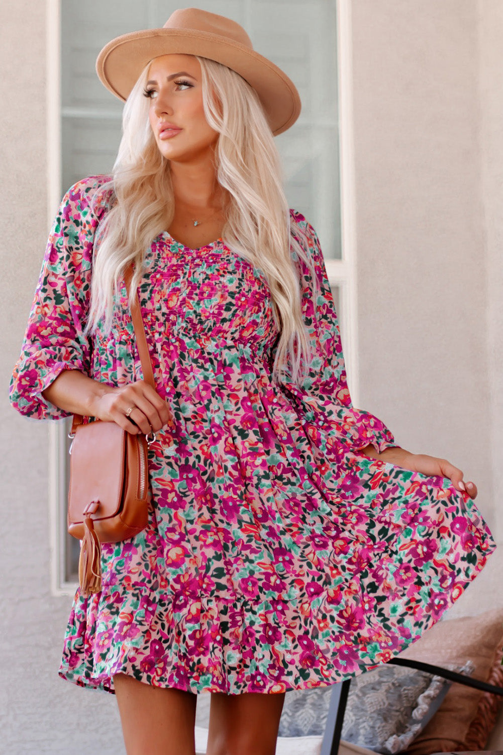 Purple Floral Smocked V-Neck Puff Sleeve Dress