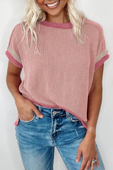 Light pink t-shirt with round neck and contrasting textured border